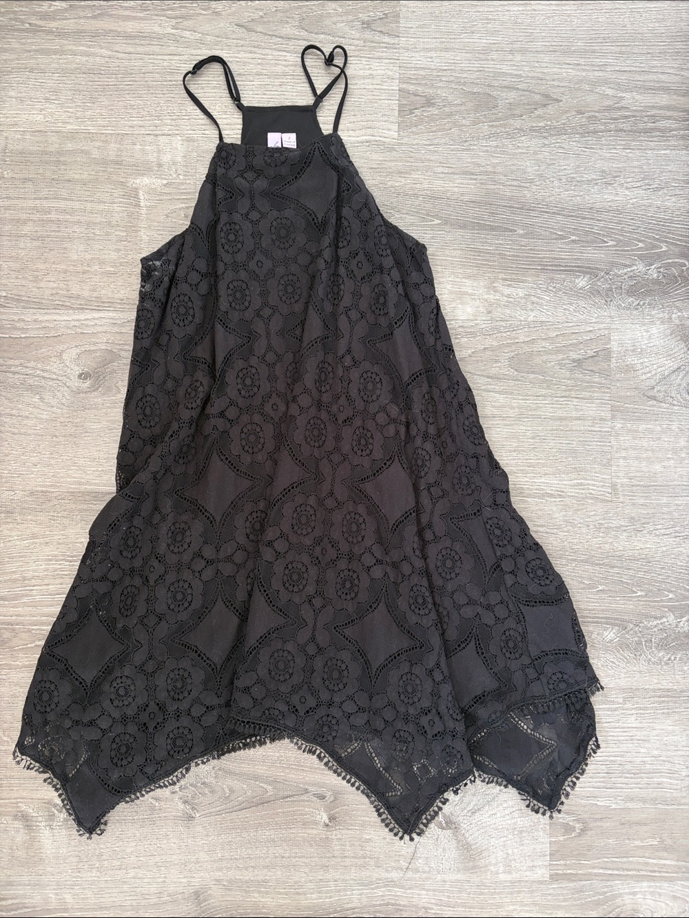 Alya Black Crochet Asymmetrical Handkerchief-Hem Halter Dress